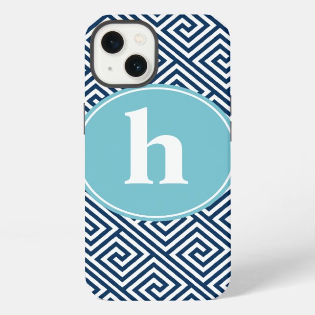 Blue Greek Key Pattern Monogram iPhone Case (Back)