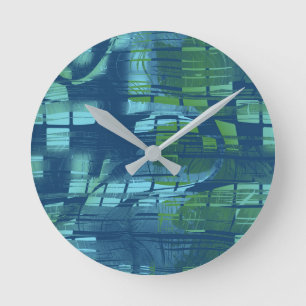 Blue Green Abstract Checker Pattern Round Clock