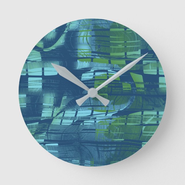 Blue Green Abstract Checker Pattern Round Clock (Front)