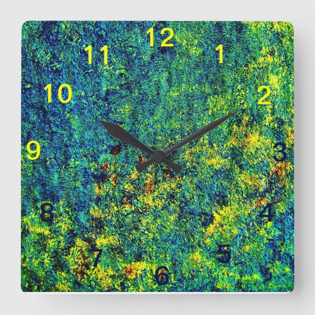 Blue Green Abstract Flowers Square Wall Clock (Front)