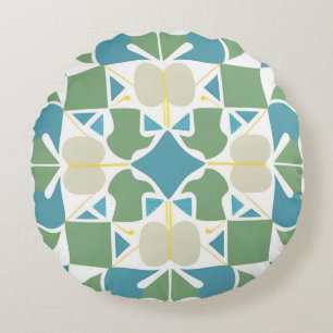 Blue Green Abstract Geometry For Modern Spaces Round Cushion