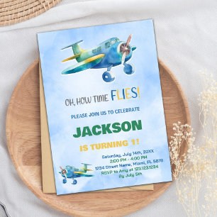 Blue Green Aeroplane Birthday Invitations