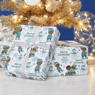 Blue & Green African American Boys Merry Christmas Wrapping Paper