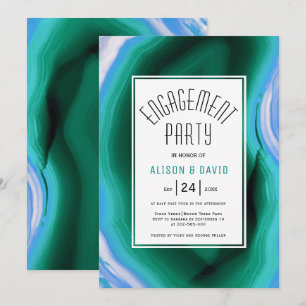Blue, green agate slice wedding engagement party invitation