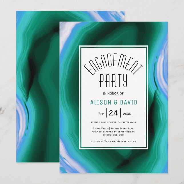 Blue, green agate slice wedding engagement party invitation (Front/Back)