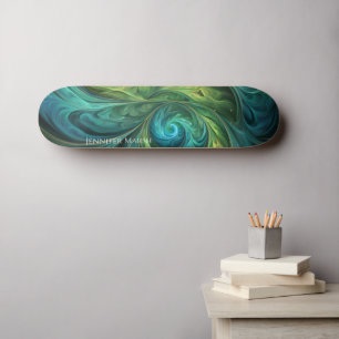 Blue Green AI Fractal Pattern Skateboard