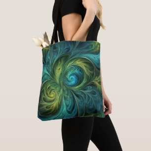 Blue Green AI Fractal Pattern Tote Bag