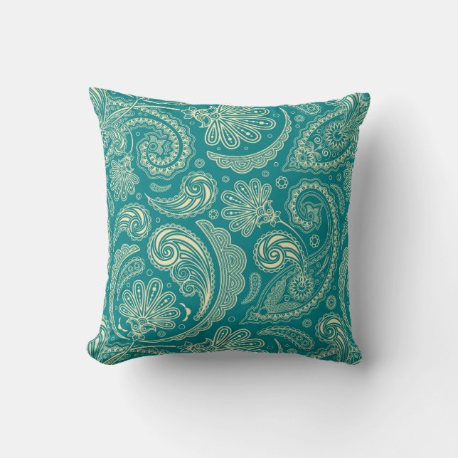Blue-Green And Beige Creme Vintage Paisley Cushion (Front)