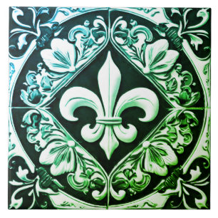 Blue Green and Black Fleur de Lis Tile