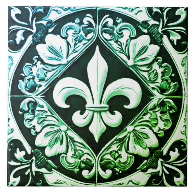 Blue Green and Black Fleur de Lis Tile (Front)