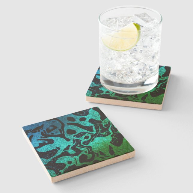Blue Green and black glitter wavy pattern Stone Coaster (Side)