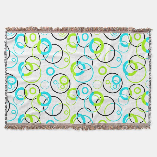 blue green and black rings and circles on white  throw blanket (Front)