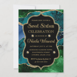 Blue, Green and Gold Glitter Agate Frame Sweet 16 Invitation