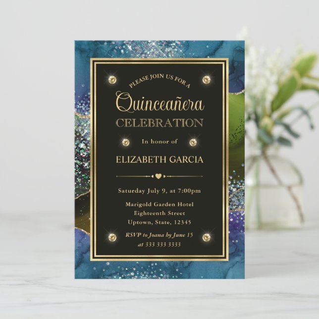 Blue, Green and Gold Glitter Agate Quinceanera Invitation (Standing Front)