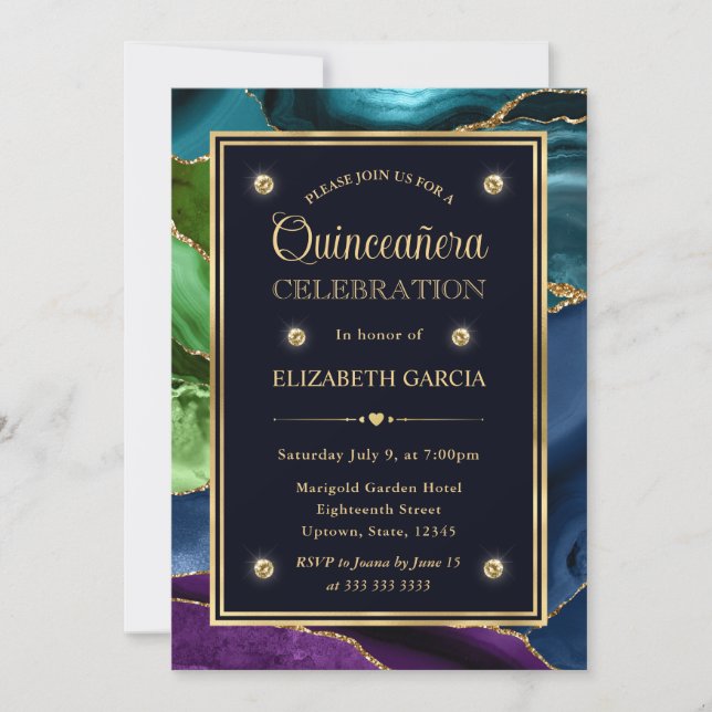 Blue, Green and Gold Glitter Agate Quinceanera Invitation (Front)
