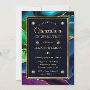 Blue, Green and Gold Glitter Agate Quinceanera Invitation