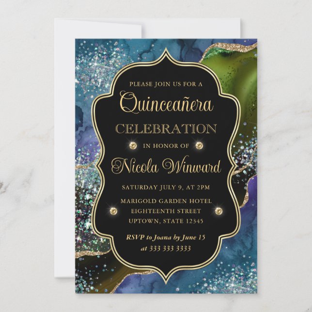 Blue, Green and Gold Glitter Agate Quinceanera Invitation (Front)