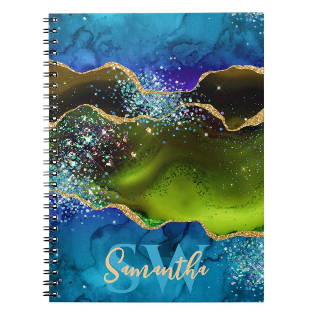 Blue, Green and Gold Glitter Peacock Agate Notebook (Front)