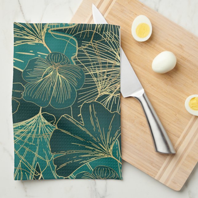 Blue-Green And Gold Leaves  Tea Towel (Quarter Fold)