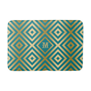 Blue-Green And Gold Modern Geometric Pattern Bath Mat