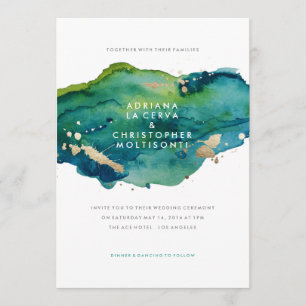 Blue Green and Gold Splatter Wedding Invitation
