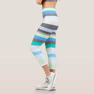 Blue, green and grey Abstract Stripes Capri Leggings