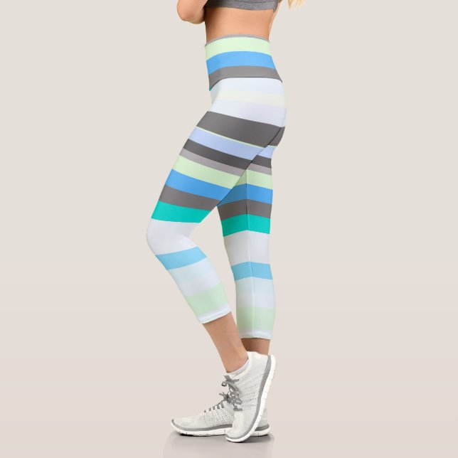 Blue, green and grey Abstract Stripes Capri Leggings (Left)