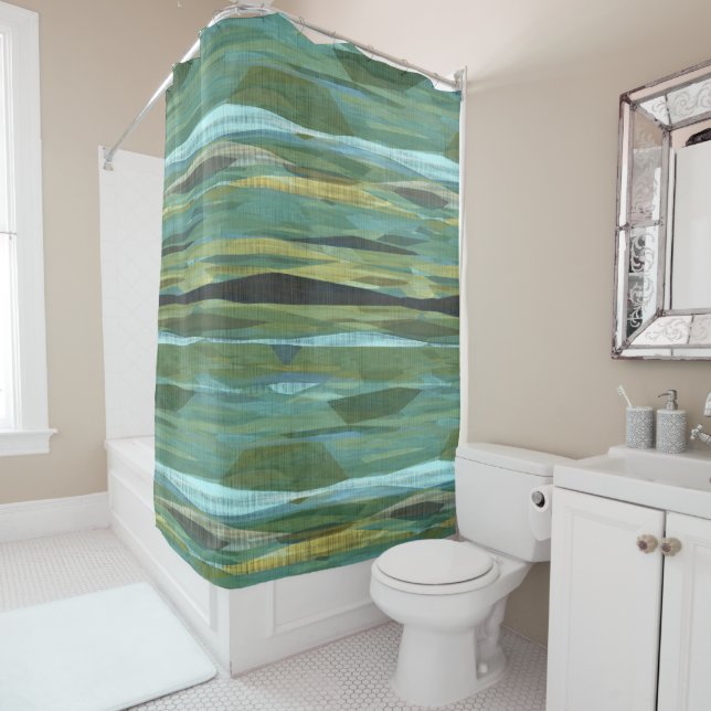 Blue Green and Grey Modern art Shower Curtain (In Situ)