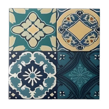 Blue, Green and Pale Yellow Ceramic Moroccan Tile
