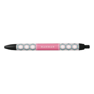 Blue Green and Pink Geometric Pattern Monogram Black Ink Pen