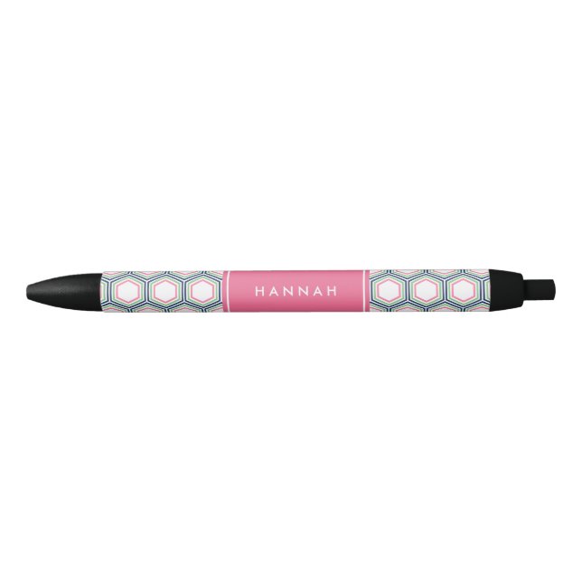 Blue Green and Pink Geometric Pattern Monogram Black Ink Pen (Front)