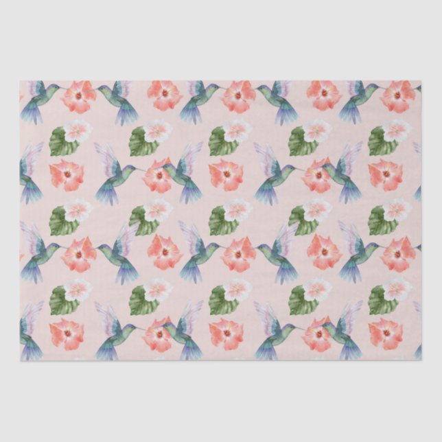 Blue Green and Pink Hibiscus and Hummingbird  Tissue Paper (Front)