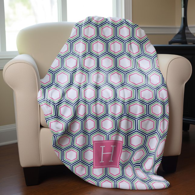 Blue Green and Pink Honeycomb Pattern Monogrammed Fleece Blanket (Creator Uploaded)