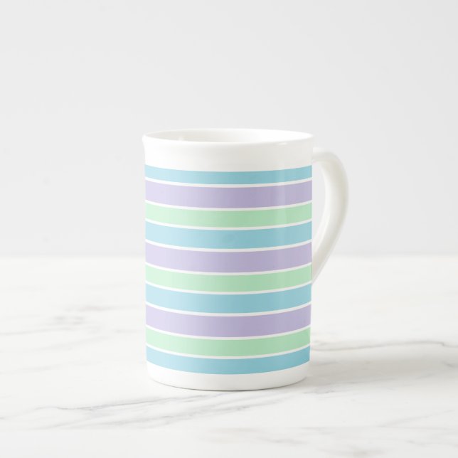 Blue Green and Purple Pastel Stripes Bone China Mug (Front Right)