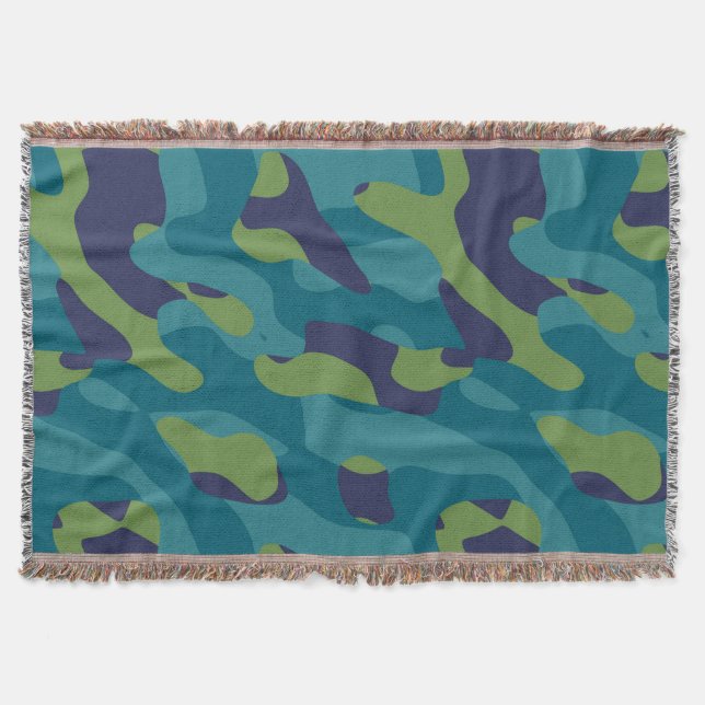 Blue Green and Teal Camo Abstract Throw Blanket (Front)