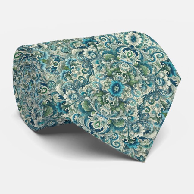 Blue, Green and Teal Floral & Swirl Pattern Tie (Rolled)