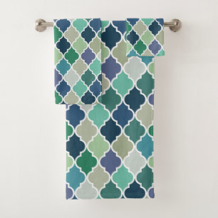 Blue, green and turquoise quatrefoil pattern bath towel set