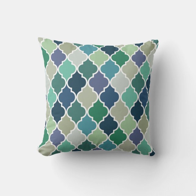 Blue, green and turquoise quatrefoil pattern cushion (Front)
