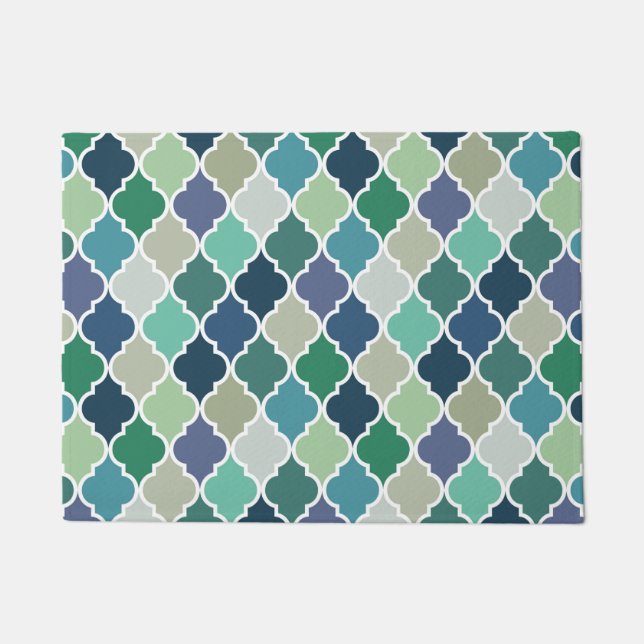 Blue, green and turquoise quatrefoil pattern doormat (Front)