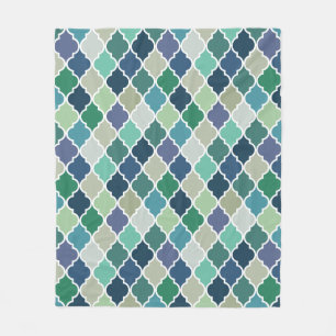 Blue, green and turquoise quatrefoil pattern fleece blanket