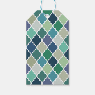 Blue, green and turquoise quatrefoil pattern gift tags