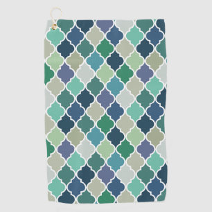 Blue, green and turquoise quatrefoil pattern golf towel