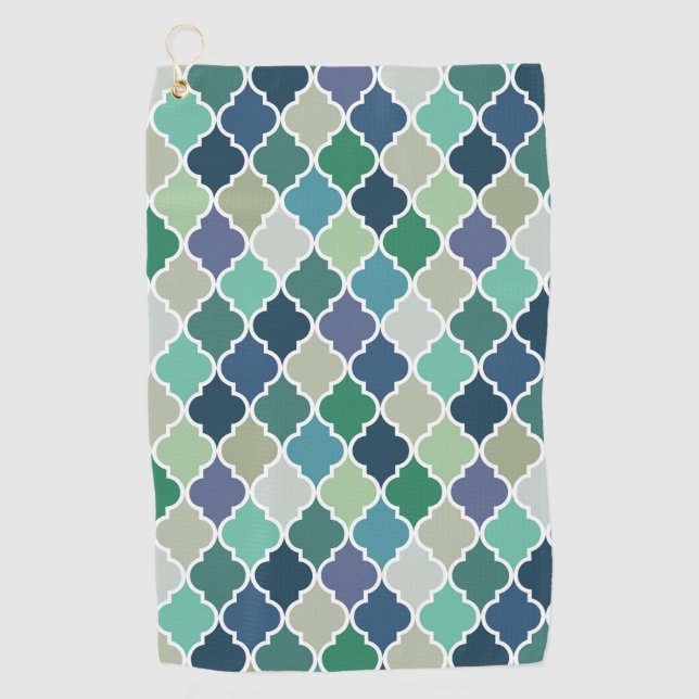 Blue, green and turquoise quatrefoil pattern golf towel (Front)