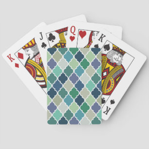 Blue, green and turquoise quatrefoil pattern playing cards