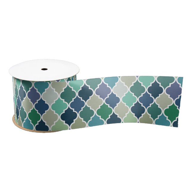 Blue, green and turquoise quatrefoil pattern satin ribbon (Spool)
