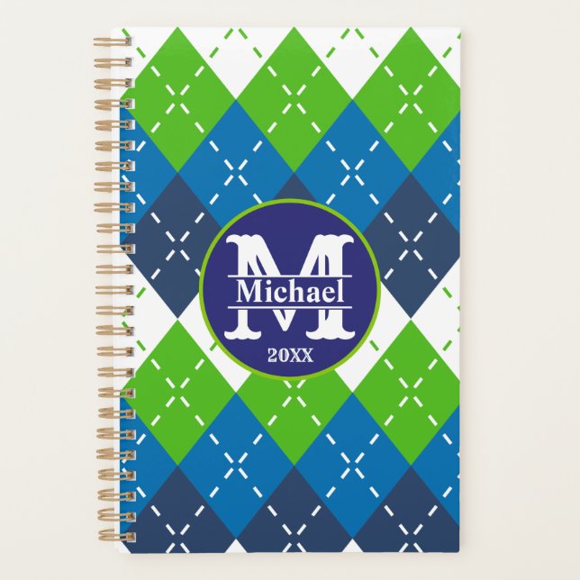 Blue, Green and White Argyle Personalised Planner (Front)