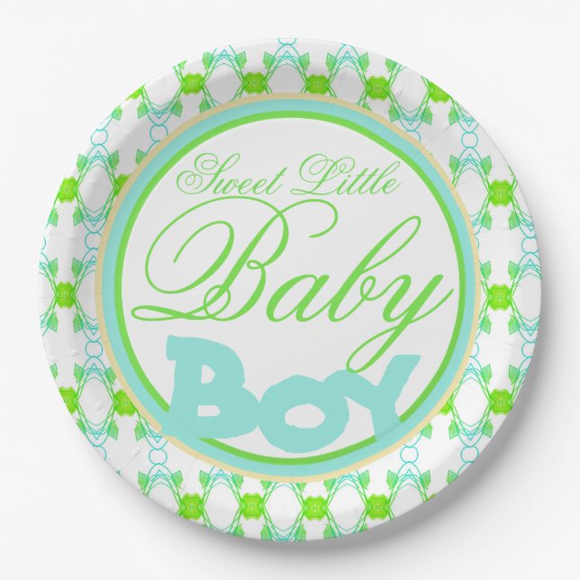 Blue Green And White Baby Boy Shower Decor Paper Plate (Front)
