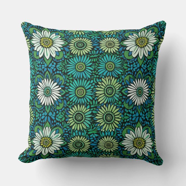 Blue, Green and White Floral Pattern Cushion (Front)