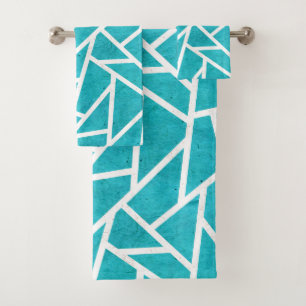 Blue-green and white mosaic pattern bath towel set