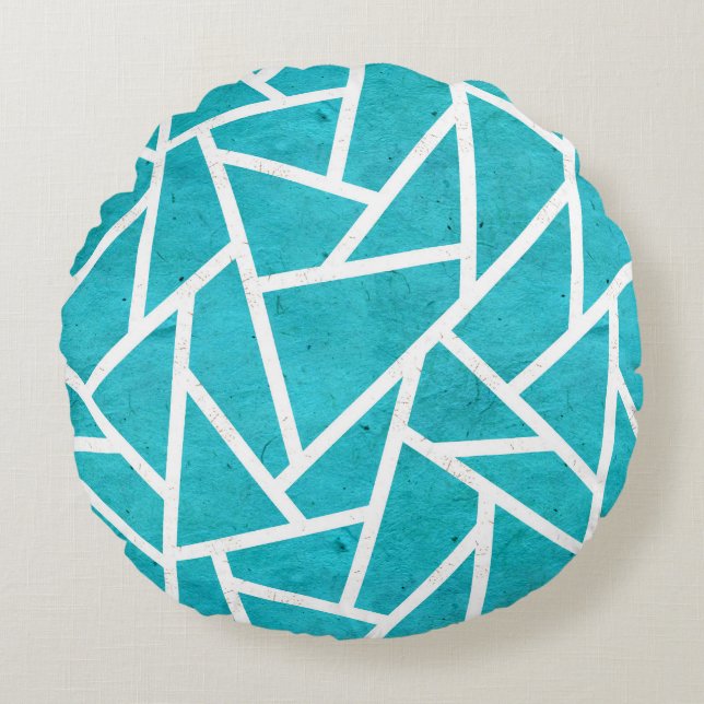 Blue-green and white mosaic pattern round cushion (Front)